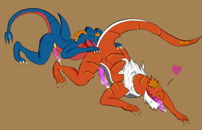anal anthro anthrofied blush bodily_fluids cum cum_drip dripping duo erection genital_fluids genitals heart_symbol male male/male male_penetrated male_penetrating male_penetrating_male oral penetration penis rimming sex tail averychesnaught nintendo pokemon dinosaur fossil_pokemon garchomp generation_4_pokemon generation_6_pokemon pokemon_(species) prehistoric_species reptile scalie tyrantrum 14:9 hi_res
