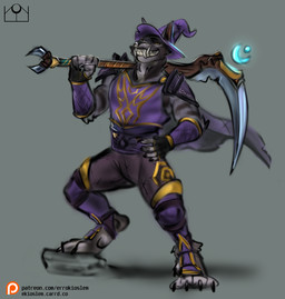 anthro armor cape clothing fangs holding_object holding_weapon looking_at_viewer male simple_background solo teeth text three-quarter_view weapon errokioslem blizzard_entertainment warcraft canid mammal werecanid werecreature worgen hi_res url
