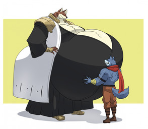 anthro belly big_belly blue_body blue_fur brown_body brown_fur fur huge_belly male obese obese_male overweight overweight_male size_difference reagan700 bleach_(series) dragon_ball dragon_ball_super bergamo sajin_komamura canid canine canis mammal wolf hi_res