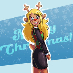 abstract_background anthro antlers black_eyes blonde_hair brown_body brown_fur buckteeth eyelashes female fluffy fluffy_tail freckled_face freckles fur hair holidays horn long_hair long_sleeves looking_at_viewer looking_back looking_back_at_viewer open_mouth open_smile red_nose short_tail smile solo tail teeth text jauntyweb christmas deltarune undertale_(series) noelle_holiday deer mammal new_world_deer reindeer 1:1 2024 artist_name digital_drawing_(artwork) digital_media_(artwork) hi_res watermark