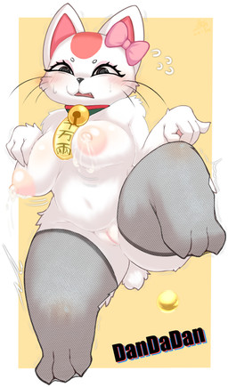 anthro areola bell bell_collar big_breasts black_eyes black_nose blush blush_lines bodily_fluids border bow_on_head breasts clothing collar eyelashes female front_view fur genitals grey_clothing grey_legwear humanoid_genitalia humanoid_vulva lactating legwear legwear_only milk nipples nude pink_areola pink_bow pink_nipples simple_background solo sweat thick_thighs vulva whiskers white_body white_border white_fur wide_hips yellow_background milkteafox dandadan maneki-neko turbo_granny_(dandadan) domestic_cat felid feline felis mammal absurd_res hi_res