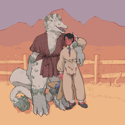 anthro arm_around_shoulders big_hat big_tail black_hair blush bottomwear claws clothing digitigrade duo farmboy_(xenopera) feet female fence flat_chested foot_on_foot forearms hair hand_behind_head hat headgear headwear holding_clothing holding_hat holding_headgear holding_headwear holding_object loincloth looking_at_viewer male mane pants prehensile_feet red_body robe scaled_forearms scaled_legs scales seelid sharp_teeth shirt short_clothing sickle size_difference smile smiling_at_viewer tail tail_tuft tan_body teeth toes topwear tuft tunic xenopera avian humanoid hybrid scalie 1:1 hi_res