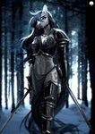 anthro armor blurred_background boob_armor breastplate breasts clothed clothing cuirass cuisse detailed_background dual_wielding female forest greaves holding_object holding_weapon looking_at_viewer medium_breasts melee_weapon midriff pauldron plant snow solo spaulder sword tree vambrace warrior weapon winter akrodraws aether_(aetherflame1397) equid equine horse mammal absurd_res hi_res