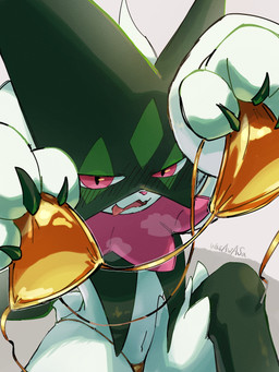 3_fingers ambiguous_gender anthro bikini blush blush_lines claws clothing cute_fangs fangs finger_claws fingers flower_(anatomy) fur gold_bikini green_body green_fur green_tail jagged_mouth mask open_mouth pink_eyes pink_nose solo swimwear tail teeth tongue tongue_out two-piece_swimsuit wasawasa golden_week nintendo pokemon generation_9_pokemon meowscarada pokemon_(species) 2026 3:4 hi_res