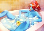 bathing bathtub big_breasts blue_body blue_skin breasts female hair leaning leaning_backward looking_at_viewer nude nude_female nude_humanoid partially_submerged red_hair rubber_duck solo unsigned yellow_sclera pugthe2ro undertale undertale_(series) undyne animal_humanoid fish fish_humanoid humanoid marine marine_humanoid