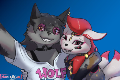 anthro band-aid bandage choker clothed clothing duo eye_scar eyewear facial_scar female front_view fur glasses gloves grey_body grey_eyes grey_fur grey_hair hair handwear heterochromia hug jewelry makeup multi_tail multicolored_body multicolored_fur necklace ponytail red_hair scar selfie simple_background smile smiling_at_viewer tail white_body white_fur wolli_mazangui epic_games fortnite kimiko_five-tails wolfie_(fortnite) canid canine canis fox mammal wolf 2025 absurd_res hi_res huge_filesize