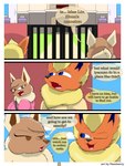 3:4 absurd_res anthro big_breasts blonde_hair breasts brown_body brown_eyes canid canine clothed clothing comic dialogue digital_drawing_(artwork) digital_media_(artwork) duo eevee eeveelution elizabeth_venizee english_text female flamberry_(artist) flareon franklin_flare fur generation_1_pokemon hair hi_res male male/female mammal mansion nintendo one_eye_closed open_mouth orange_body pokemon pokemon_(species) smile tan_body tan_fur text tongue wink