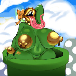 areola big_breasts biped bow_ribbon breasts cloud female fingers genitals gold_lips gold_nipples green_body hand_behind_head huge_breasts lips nipple_piercing nipples open_mouth open_smile piercing pipe plant sharp_teeth smile solo standing teeth tongue tongue_out vulva cofficremer mario_bros nintendo elemental_creature flora_fauna piranha_plant 1:1 2026 hi_res