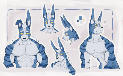 abs anthro biceps big_muscles blue_body blue_countershading blue_hair blue_inner_ear blue_inner_ear_fluff blue_markings blue_stripes closed_smile color_swatch countershade_arms countershade_face countershade_torso countershading cross-popping_vein dot_pupils eye_markings front_view furrowed_eyebrows hair inner_ear_fluff looking_aside looking_at_viewer male markings mouth_closed multiple_angles muscular muscular_anthro muscular_male nude nude_anthro nude_male number pecs pink_background side_view simple_background smile snout solo striped_arms striped_neck stripes text tuft white_background yellow_eyes kuromonsart kuro_(kuromonsart) lagomorph leporid mammal rabbit 2024 absurd_res artist_name digital_drawing_(artwork) digital_media_(artwork) english_text half-length_portrait headshot_portrait hi_res portrait