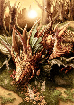 clothing detailed_background dress duo female feral flower grass hair horn looking_at_viewer nature outside pink_hair plant standing sun mitukaze mythology avian bird dragon dryad lagomorph leporid mammal mythological_creature mythological_scalie rabbit scalie hi_res