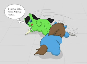 ambiguous_feral ambiguous_gender baby_talk black_hair black_tail blade blue_body blue_eyes blue_fur blue_sclera brown_hair brown_tail duo feral fight fur green_body green_fur hair inner_monologue looking_at_another motion_lines neonate on_hind_legs open_mouth parody perspective rear_view simple_background tail text thinking thought_bubble weapon young young_ambiguous young_feral carpdime dune_(series) fluffy_pony fluffy_pony_(species) mammal digital_media_(artwork) english_text shaded