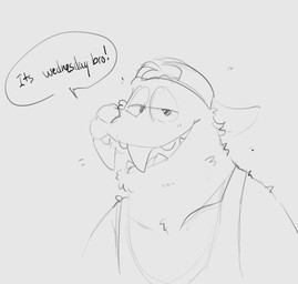 anthro backwards_cap backwards_hat clothing fangs fur hair half-closed_eyes hat headgear headwear looking_at_viewer male narrowed_eyes sharp_teeth shirt smile solo speech_bubble tank_top teeth text topwear shaibey bugsnax young_horses chandlo_funkbun grumpus 2022 digital_media_(artwork) english_text hi_res monochrome procreate_(artwork) sketch