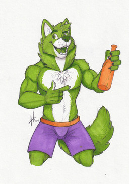 anthro athletic athletic_anthro athletic_male bottle bottomwear claws clothed clothing container eyebrows finger_claws front_view fur green_body green_eyebrows green_eyes green_fur green_nose green_tail green_tongue holding_bottle holding_container holding_object male male_anthro open_mouth open_smile pecs purple_bottomwear purple_clothing purple_shorts shorts simple_background smile solo tail tongue topless white_background white_body white_fur hufnaar canid canine mammal 2018 dated hi_res portrait three-quarter_portrait