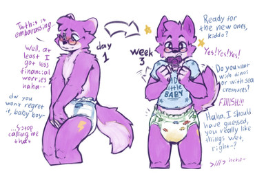 ageplay ambiguous_gender anthro before_and_after black_nose blush blush_lines bodily_fluids clothed clothing color_coded_text covering covering_crotch dialogue diaper diaper_only dipstick_ears ear_markings embarrassed enthusiastic eyewear fur genital_fluids glasses hand_on_diaper laugh lightning_bolt multicolored_body multicolored_ears multicolored_fur multicolored_tail object_in_mouth offscreen_character pacifier pacifier_in_mouth purple_body purple_fur purple_inner_ear purple_pacifier purple_tail roleplay shirt simple_background smile solo sparkles sparkling_eyes standing tail tail_motion tailwag text text_on_clothing text_on_shirt text_on_topwear topless topwear touching_diaper unclean_diaper urine used_diaper wearing_diaper wearing_glasses wet_diaper white_background white_body white_ear_tips white_fingers white_fur white_tail neemitenaide softtailadmirer canid canine canis domestic_dog mammal english_text hi_res