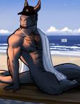 abs anthro beach convenient_censorship detailed_background horn jewelry male muscular muscular_anthro muscular_male navel necklace nipples non-mammal_nipples nude outside pose sand seaside sky smile solo tail bgn mythology dante_(bgn) dragon mythological_creature mythological_scalie scalie 2018 hi_res pinup