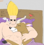 after_sex antelope asthexiancal bed bestiality blonde_hair bovid brown_body brown_fur carol_the_antelope cartoon_network cigarette collaboration cushion duo eyes_closed eyewear female female_on_human feral fur furniture hair heart_symbol horn hug human human_on_feral inside interspecies johnny_bravo johnny_bravo_(series) light_body light_skin male male_on_feral mammal nr1231 on_bed smile smoking sunglasses white_body white_fur