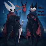 anthro areola big_breasts big_butt black_body blush bodily_fluids breasts butt clothed clothing crossgender duo female female/female genital_fluids genitals holding_object holding_weapon melee_weapon mtf_crossgender nipples nude pussy red_eyes standing string thick_thighs vaginal weapon smolreapy hollow_knight team_cherry grimm_(hollow_knight) hornet_(hollow_knight) arthropod insect 1:1 absurd_res digital_media_(artwork) hi_res