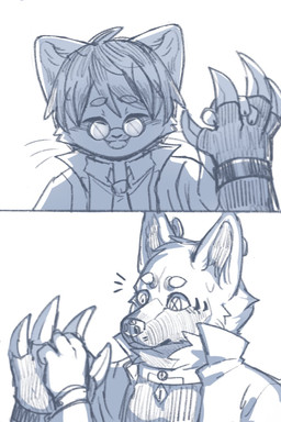 anthro cheek_tuft clothed clothing duo eyes_closed eyewear facial_tuft fangs front_view glasses hair happy male messy_hair open_mouth open_smile round_glasses short_hair simple_background smile teeth tuft unsigned whiskers asnnonaka canid felid mammal 2:3 greyscale hi_res monochrome