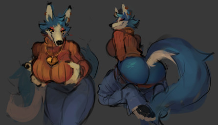 4_toes anthro barefoot big_breasts big_butt big_tail biped black_claws black_nose black_sclera blue_body blue_bottomwear blue_clothing blue_fur blue_pants blue_tail bottomwear bottomwear_down breasts butt cheek_tuft claws closed_smile clothed clothed_anthro clothed_female clothing ear_piercing ear_ring eyelashes facial_tuft feet female female_anthro finger_claws fingers fully_clothed fully_clothed_anthro fully_clothed_female fur gold_(metal) gold_jewelry gold_necklace grey_background hindpaw holding_breast jewelry looking_at_viewer mouth_closed multicolored_body multicolored_fur multicolored_tail necklace orange_clothing orange_eyes orange_sweater orange_topwear pants pants_down partially_clothed partially_clothed_anthro partially_clothed_female pawpads paws piercing rear_view ring_piercing simple_background smile smiling_at_viewer solo sweater tail toes topwear tuft two_tone_body two_tone_fur white_body white_fur white_tail pajamamcham kloey_(pajamamcham) canid canine canis mammal wolf 2025 digital_media_(artwork)