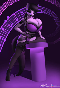 anthro big_breasts black_clothing black_eyeshadow black_legwear black_lips black_lipstick black_stockings black_tail boots bow_tie bra breasts clothing colored_nails cutie_mark eyelashes eyeshadow female footwear grey_body hand_on_hip legwear lingerie lips lipstick looking_at_viewer makeup multicolored_clothing musical_note musical_symbol nails pink_bow_tie purple_bra purple_clothing purple_eyes purple_nail_polish purple_nails purple_underwear shoes solo stockings symbol tail underwear clearvision friendship_is_magic hasbro my_little_pony octavia_(mlp) earth_pony equid equine horse mammal pony absurd_res hi_res