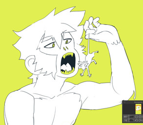 ambiguous_gender anthro duo lifted lifted_by_tail macro macro_anthro male male/ambiguous micro open_mouth suspension tail teeth teeth_showing tongue vore dogtober haplorhine mammal monkey mouse murid murine primate rodent sketch