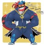 anchor anthro big_muscles big_pecs bottomwear chain clothing cosplay costume fur hair huge_muscles huge_pecs jewelry kemono kerchief male muscular muscular_anthro muscular_male necklace pecs ponytail skinsuit smile solo teeth tight_clothing hyaku_(artist) nintendo pokemon team_aqua archie_(pokemon) domestic_cat felid feline felis generation_7_pokemon incineroar mammal pokemon_(species) hi_res