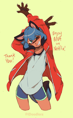 anthro black_body black_fur black_hair black_nose blue_body blue_eyes blue_fur blue_hair brown_body brown_fur clothed clothing female fluffy fluffy_tail fur gesture hair hand_gesture jacket multicolored_body multicolored_fur multicolored_hair one_eye_closed smile solo stretching tail text topwear v_sign wink conditional_dnp irootie brand_new_animal studio_trigger michiru_kagemori canid canine mammal raccoon_dog tanuki 2020 english_text hi_res