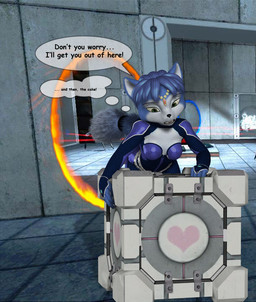 anthro blue_body blue_fur blue_hair bodysuit clothing dialogue female fur green_eyes hair laser portal skinsuit solo speech_bubble text thought_bubble tight_clothing daymond42 charleyfox_(modeler) nintendo portal_(series) star_fox valve krystal_(charleyfox) krystal_(star_fox) weighted_companion_cube canid canine fox mammal 2008 3d_(artwork) crossover digital_media_(artwork) english_text