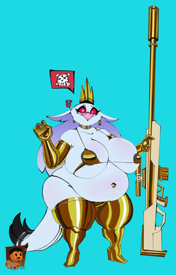 anthro big_breasts big_butt blue_background bra breasts butt clothing crown female fur golden_leggings gun hair headgear heart_symbol holding_gun holding_object holding_ranged_weapon holding_weapon leggings legwear long_hair looking_at_viewer overweight overweight_anthro overweight_female panties ranged_weapon red_eyes simple_background solo standing underwear weapon white_body white_face white_fur white_hair grishnax hellaverse helluva_boss stella_(helluva_boss) anatid anseriform anserine avian avian_demon bird demon swan hi_res
