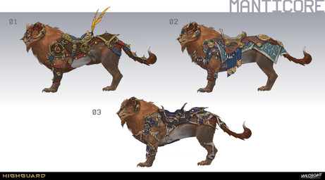 2_horns accessory ambiguous_feral ambiguous_gender belly black_nose blue_clothing brown_body brown_fur brown_tail claws clothing company_name curled_horn feral fur furgonomics gradient_background grey_belly grey_teeth gums horn horn_jewelry horn_ring jewelry light mane multicolored_body multicolored_fur number orange_eyes orange_mane paws pink_gums quadruped red_horn reins ring_(jewelry) saddle sharp_teeth side_view simple_background solo standing stinger tail tail_accessory teeth text toe_claws nicholas_patrick_kelana highguard_(game) iranian_mythology middle_eastern_mythology mythology felid mammal manticore 2026 absurd_res colored concept_art digital_drawing_(artwork) digital_media_(artwork) english_description english_text hi_res lighting official_art shaded