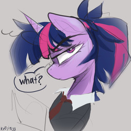 accessory annoyed blush clothing collared_shirt dress_shirt female feral hair horn looking_at_viewer necktie ponytail shirt simple_background solo topwear krista-21 friendship_is_magic hasbro my_little_pony mythology twilight_sparkle_(mlp) equid equine mammal mythological_creature mythological_equine unicorn 1:1 hi_res