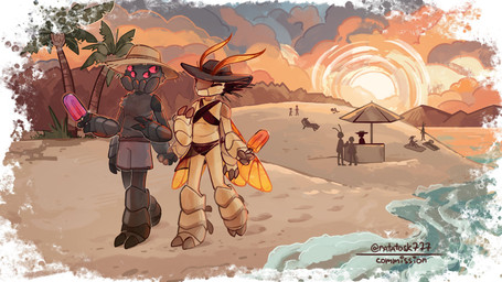 antennae_(anatomy) anthro beach bikini clothing date duo food hat headgear headwear male male/male popsicle straw_hat sunset swimming_trunks swimwear two-piece_swimsuit wings ratatosk777 brawlhalla reno_(brawlhalla) widowmaker_reno_(brawlhalla) arachnid arthropod hymenopteran insect spider wasp absurd_res hi_res