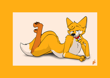 anthro blush border butt collar fur looking_at_viewer male orange_body paws presenting presenting_hindquarters raised_paw shy simple_background smile solo tail tan_body tan_fur teasing teeth tongue tongue_out whiskers yellow_border raposanaranja chris_(raposanaranja) canid canine mammal absurd_res hi_res