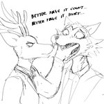 1:1 anthro antlers beastars canid canine canis cervine deer dialogue duo english_text hand_in_mouth hi_res hladilnik horn legoshi_(beastars) louis_(beastars) male male/male mammal monochrome red_deer sharp_teeth sketch teeth text wolf