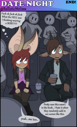 anthro beverage bottomwear brown_hair bulge clothing container cooper_black cross-popping_vein cup dialogue drinking_straw duo_focus erection erection_under_skirt eye_through_hair food fur green_eyes group gynomorph gynomorph/male hair holding_beverage holding_container holding_cup holding_object horn intersex intersex/male male movie_theater popcorn profanity public sitting skirt speech_bubble text translucent translucent_hair unwanted_erection ballisticmelissa anon gael_(ballisticmelissa) lilla_(ballisticmelissa) bat bovid caprine goat mammal 2024 absurd_res comic english_text hi_res