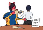 anthro duo female fur red_body red_fur text track_jacket waiter waiter_tray crisis-omega sophia_(crisis-omega) canid canine fox human mammal english_text hi_res