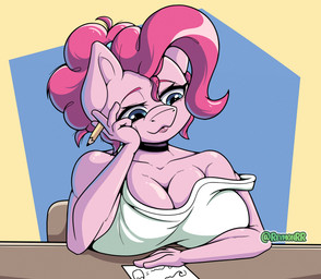 anthro areola areola_slip big_breasts blue_eyes bottomwear breasts cleavage clothed clothing crop_top female fur furniture grin hair huge_breasts long_hair midriff navel paper pencil_(object) pink_body pink_fur pink_hair ponytail shirt simple_background smile solo table tank_top topwear reymonrr friendship_is_magic hasbro my_little_pony pinkie_pie_(mlp) equid equine horse mammal pony hi_res