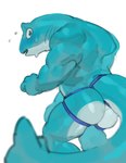 anthro blue_body blue_skin blush bodily_fluids butt candy clothing countershade_butt countershade_face countershade_legs countershade_neck countershade_torso countershading dessert dorsal_fin fin flying_sweatdrops food furgonomics gills glistening glistening_body glistening_butt glistening_skin gummy_(food) gummy_shark jockstrap male mostly_nude rear_view solo sweat sweatdrop tail tail_clothing underwear kogito gummy_shark_(kogito) fish food_creature gummy_creature living_candy marine shark absurd_res cool_colors hi_res