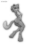 anthro big_feet big_hands breasts butt claws feet female fur looking_at_viewer nude simple_background solo tail toe_claws demon-man legends_of_belial domestic_cat felid feline felis mammal greyscale monochrome