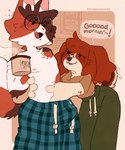 anthro bedroom_eyes bodily_fluids breasts cheek_tuft chest_scar clothed clothing cute_fangs dialogue duo eyewear facial_tuft fangs female femboy flying_sweatdrops fully_clothed glasses hair hand_on_hip holding_coffee imminent_sex male male/female mastectomy_scar medium_breasts narrowed_eyes nipples open_mouth open_smile pajama_pants round_glasses scar seductive short_hair smile speech_bubble sweat sweatdrop tail tail_motion tailwag teeth tenting text topless tuft wearing_glasses puppeypawbs maple_(puppeypawbs) syrup_(puppeypawbs) bird_dog calico_cat canid canine canis cocker_spaniel domestic_cat domestic_dog felid feline felis hunting_dog mammal spaniel 2025 english_text hi_res watermark