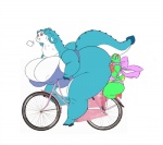 anthro bicycle big_breasts big_butt blue_body blue_eyes blue_scales bodily_fluids breasts butt cleavage clothed clothing cycling duo female green_body green_scales huge_breasts huge_butt hyper hyper_breasts larger_female long_neck nipple_outline non-mammal_breasts obese overweight overweight_female red_eyes ribbons scales size_difference skimpy smaller_female sweat tail thick_tail thick_thighs vehicle wide_hips ffuffle mythology dinah_(vdisco) tess_(fatfoxlower) dragon lezagrad lizard mythological_creature mythological_scalie reptile scalie digital_media_(artwork)