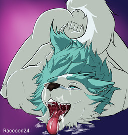 after_sex anthro bodily_fluids cum cum_in_mouth cum_inside cum_on_face cum_on_tongue fur genital_fluids green_body green_eyes green_hair hair looking_pleasured male on_ground open_mouth solo teeth teeth_showing text tongue tongue_out white_body white_fur raccoon24 brand_new_animal studio_trigger shirou_ogami canid canine canis mammal wolf absurd_res artist_name digital_media_(artwork) hi_res
