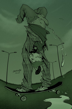 anthro balls black_and_green bodily_fluids bottomwear clothed clothing footwear genital_fluids genitals handstand humanoid_genitalia humanoid_penis male outside pants partially_clothed peeing penis public shirt shoes skateboard solo tongue tongue_out topwear upside_down urine vehicle watersports rattfood bovid caprine mammal sheep absurd_res green_monochrome green_theme hi_res monochrome