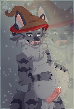 anthro balls belly big_belly genitals liquid male non_fatal_vore paws penis solo vore airymiller felid feline mammal half-length_portrait hi_res portrait