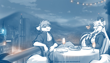 5_fingers anthro at_table balcony biped bottomwear breasts chair city clothed clothed_anthro clothed_female clothed_male clothing cloud dinner duo eyes_closed female fingers fully_clothed fully_clothed_anthro fully_clothed_female fully_clothed_male fur furniture glass hair leaning leaning_backward male night on_chair open_mouth open_smile outside side_view sitting sky smile tail teeth tongue topwear conditional_dnp tom_fischbach twokinds raine_silverlock zen_(twokinds) canid canine canis keidran mammal wolf 2025 7:4 digital_drawing_(artwork) digital_media_(artwork) hi_res monochrome sketch spot_color