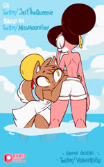 anthro assisted_exposure blush bottomwear bottomwear_pull breasts butt butt_grab clothing clothing_pull dialogue duo female female/female genitals hand_on_butt laugh legs_in_water looking_at_viewer moan nipples pants pants_pull partially_submerged presenting_partner pussy shorts submerged_legs tail tail_motion tailwag text water diives xingzuo_temple baozi_(diives) gu_(diives) canid canine mammal reptile scalie snake 2019 2d_animation 5:8 animated english_text frame_by_frame hi_res short_playtime sound voice_acted webm