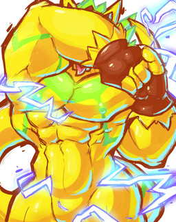 abs anthro biceps covering covering_face electricity electricity_manipulation elemental_manipulation male muscular muscular_anthro muscular_male nipples pecs pose simple_background solo tongue white_background yellow_body leafblade97 bandai_namco digimon bulkmon digimon_(species) scalie absurd_res hi_res pinup