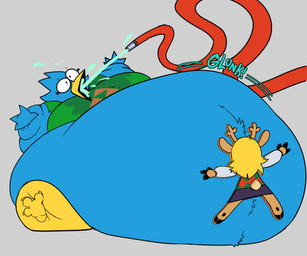 anthro beak belly big_belly blonde_hair blue_body clothing duo female green_clothing green_shirt green_topwear hair hose hose_inflation huge_belly inflation liquid_inflation male shirt topwear water_inflation cchilab deltarune undertale_(series) berdly noelle_holiday avian bird deer mammal new_world_deer reindeer 2025 hi_res