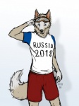 2016 anthro ball beowulf_bitter biped blue_eyes canid canine canis clothed clothing digital_media_(artwork) eyewear fifa holding_ball holding_object male mammal mascot russia russian shirt signature simple_background soccer soccer_ball solo sport standing text text_on_clothing text_on_shirt text_on_topwear topwear white_background wolf world_cup zabivaka