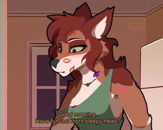 anthro appliance breasts brown_body brown_fur brown_hair female fridge fur hair inside kiss_mark_on_face kitchen_appliance looking_down nipple_outline solo text window mewmus rose_(mewmus) canid canine canis mammal wolf 2026 digital_media_(artwork) english_text